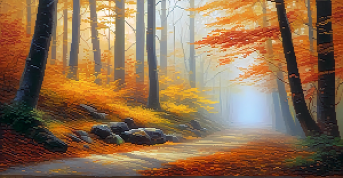 A serene forest with colorful autumn leaves and a winding path, illuminated by soft sunlight and a gentle mist.
