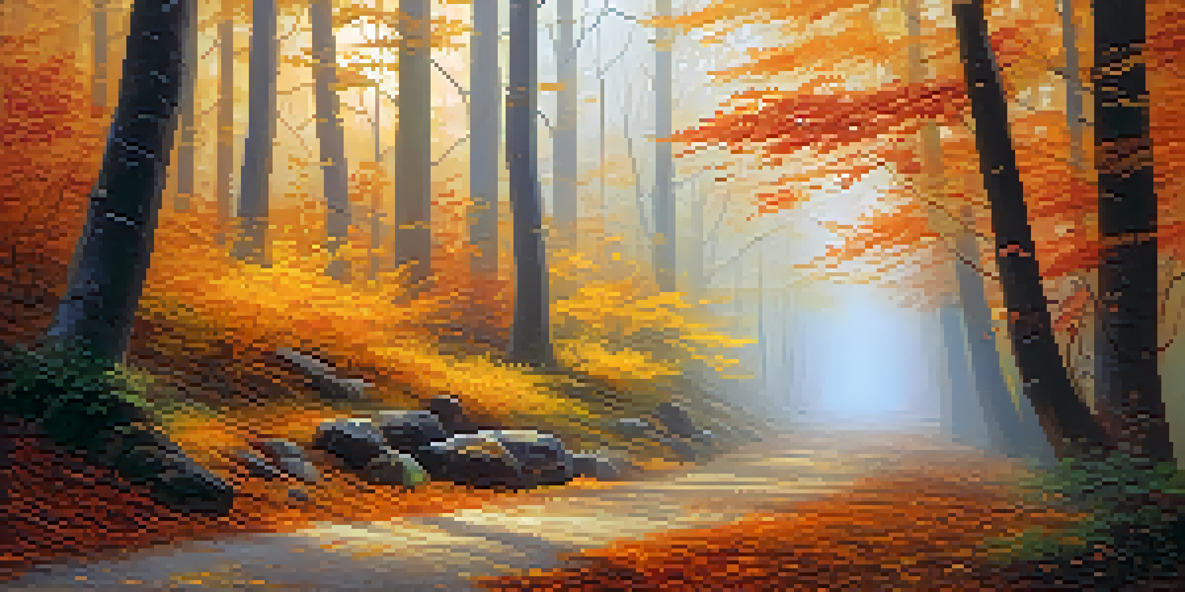 A serene forest with colorful autumn leaves and a winding path, illuminated by soft sunlight and a gentle mist.