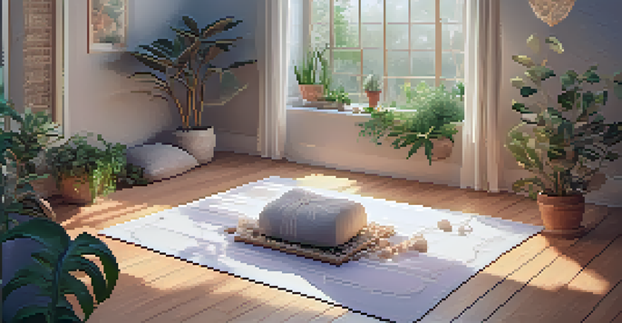 A calming therapy room featuring a meditation mat, plants, and crystals, with hands practicing breathwork surrounded by visual cues of calmness.