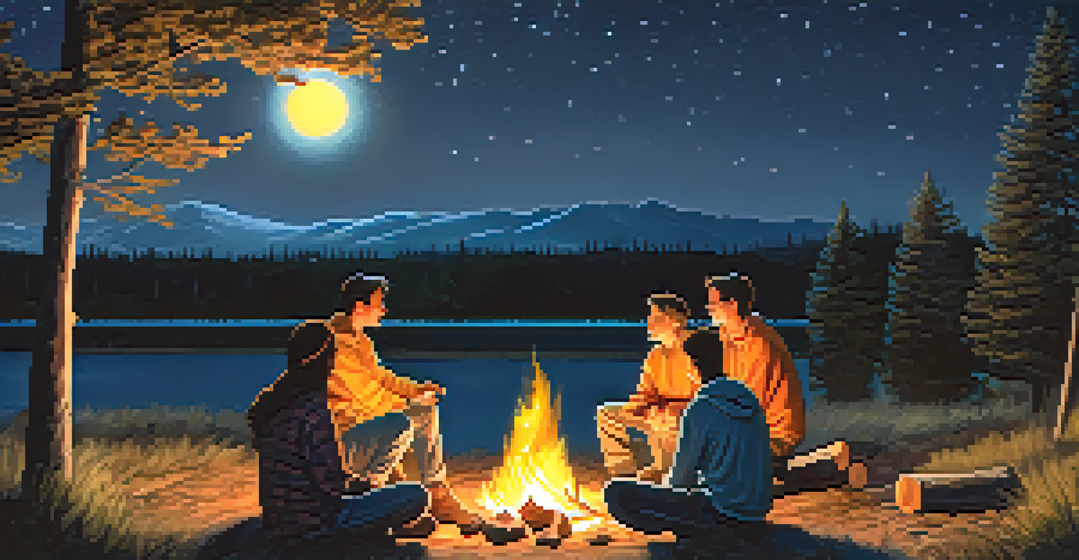 A nighttime campfire gathering with people sitting around, illuminated by firelight under a starry sky.