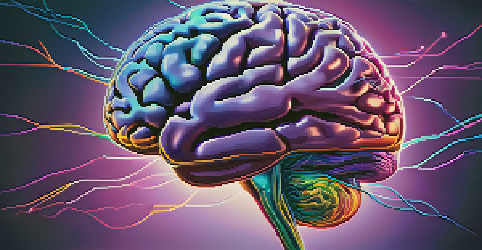 A colorful artistic depiction of the human brain with glowing neural connections against a blue and purple background.