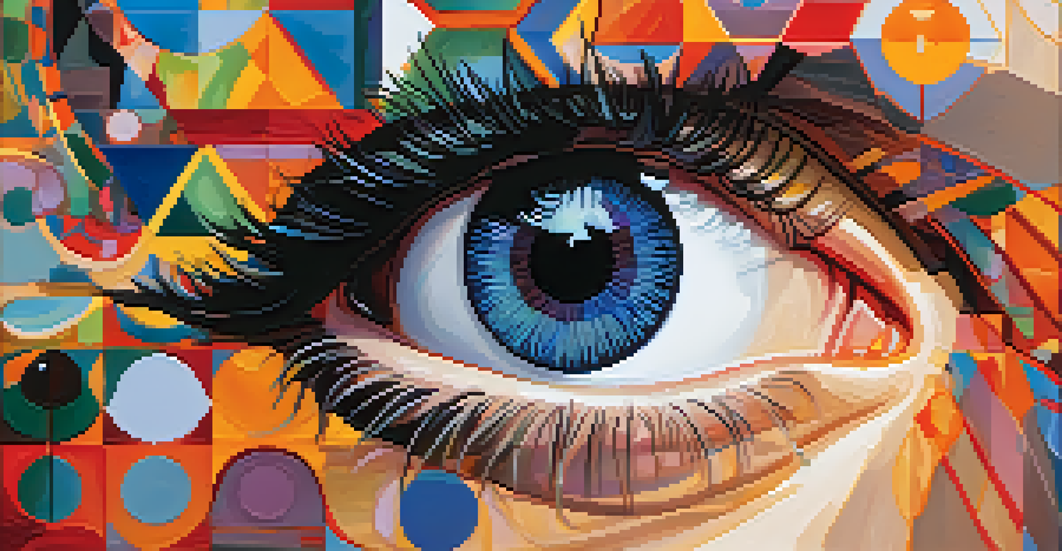 A close-up of an eye reflecting a colorful and abstract landscape, symbolizing altered perception.