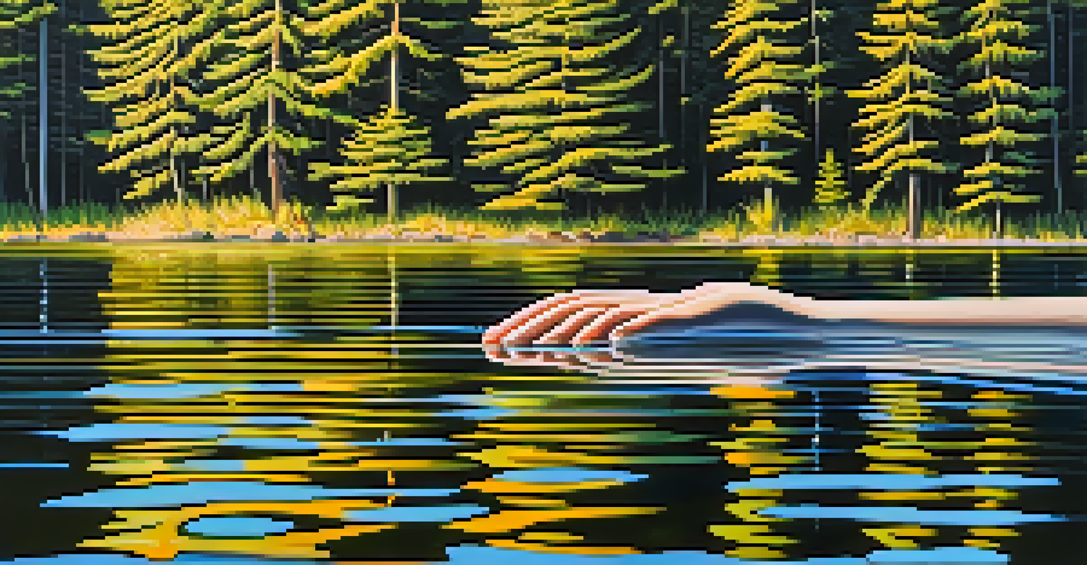 A hand touching a calm lake, with reflections of trees and sky on the water's surface.