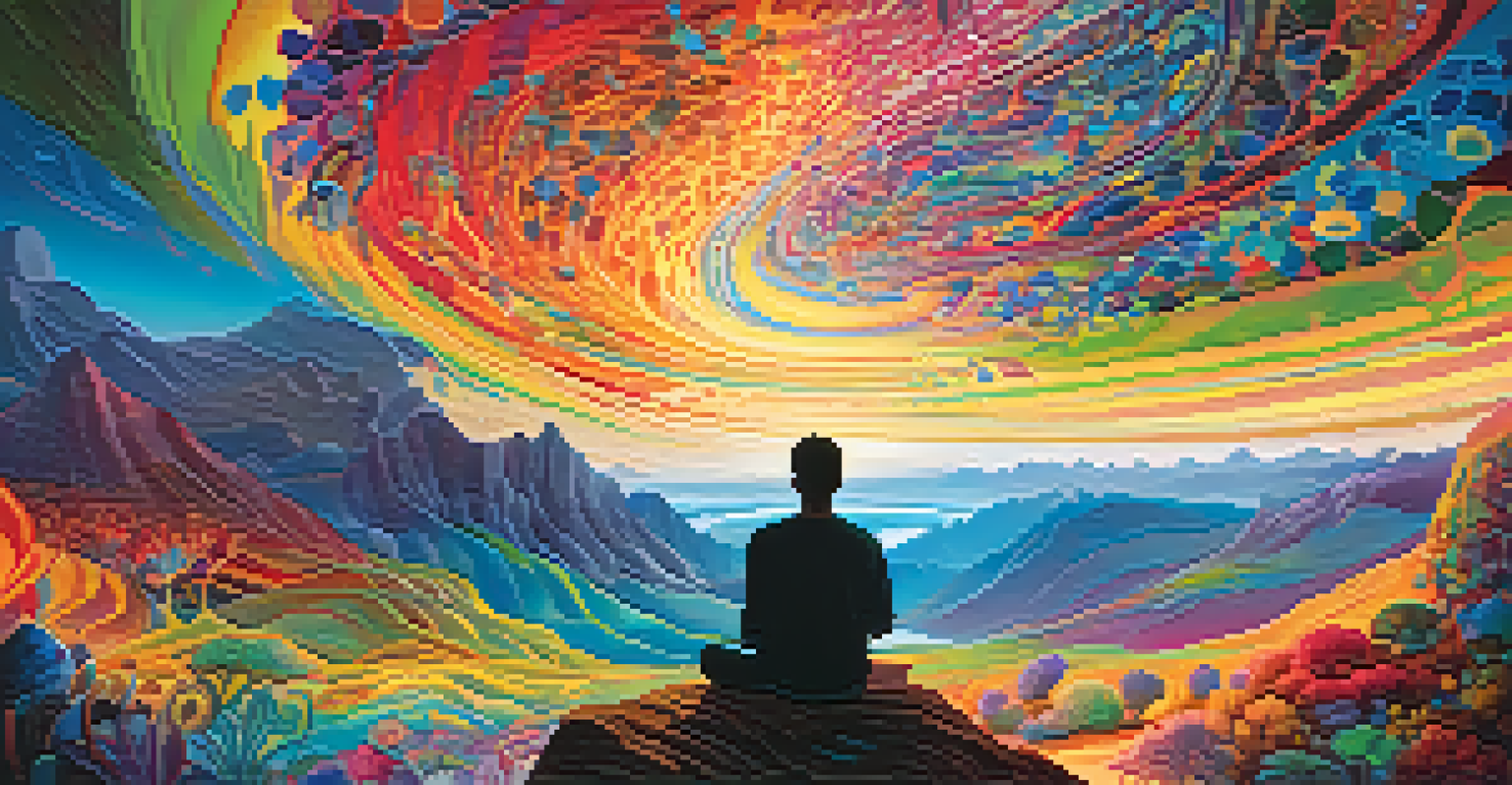A colorful abstract landscape representing a hallucinogenic experience, featuring swirling patterns and ethereal light.