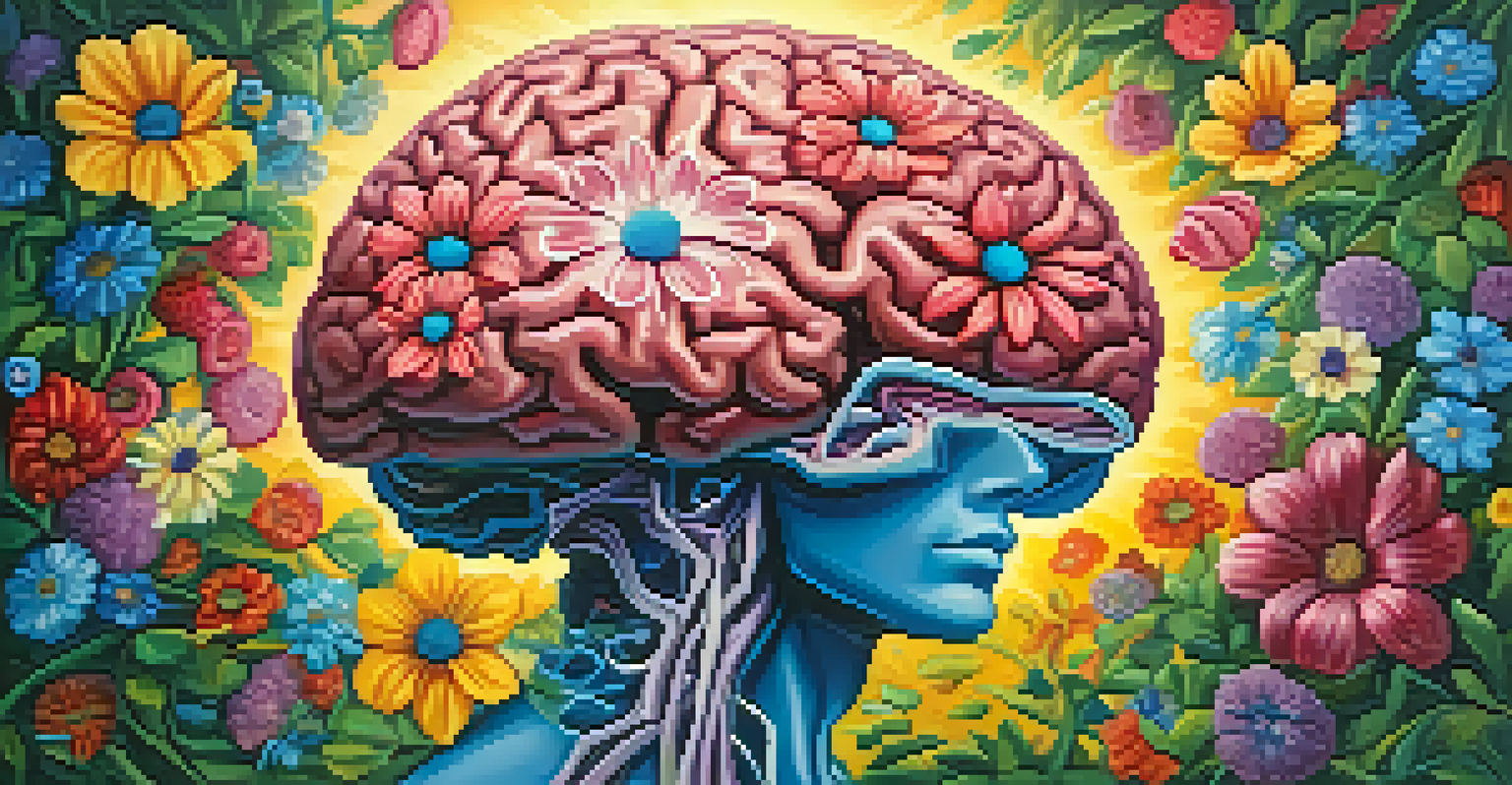 A realistic brain surrounded by colorful blooming flowers, symbolizing creativity and growth, illuminated by soft light.