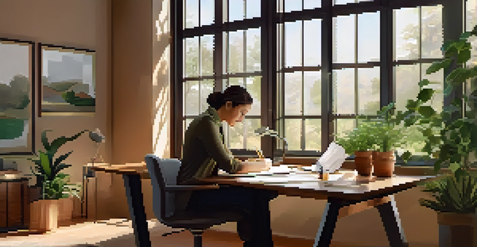 A peaceful office environment with a person writing at a desk, surrounded by greenery and natural light.