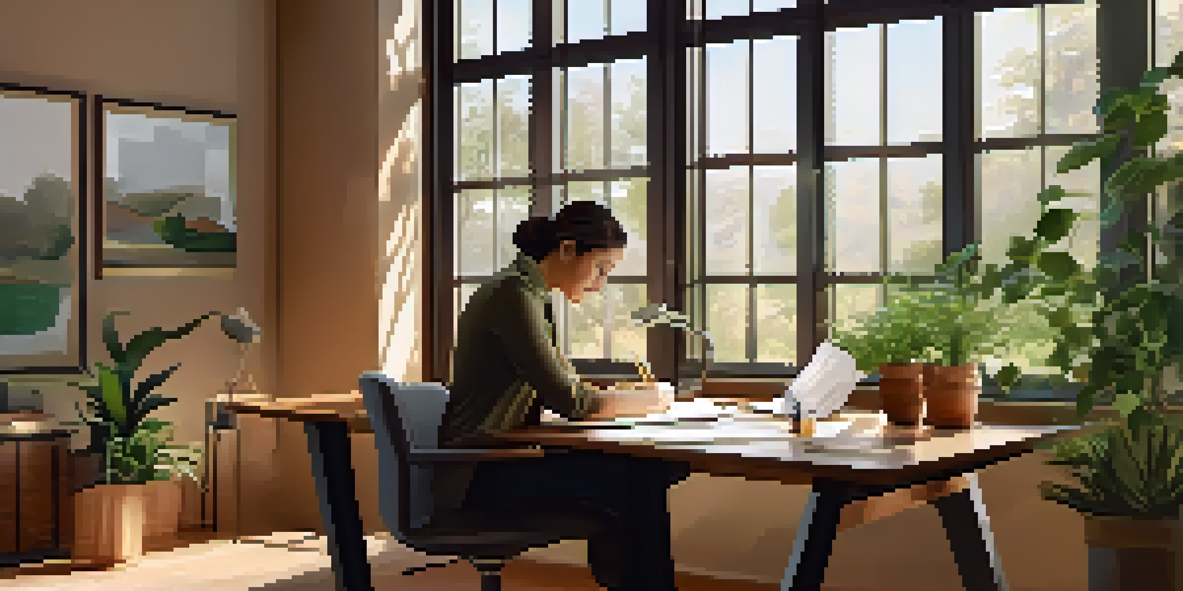 A peaceful office environment with a person writing at a desk, surrounded by greenery and natural light.
