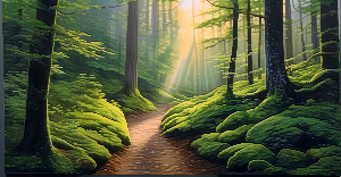 A tranquil forest with sunlight filtering through trees and a misty atmosphere, featuring a winding path.