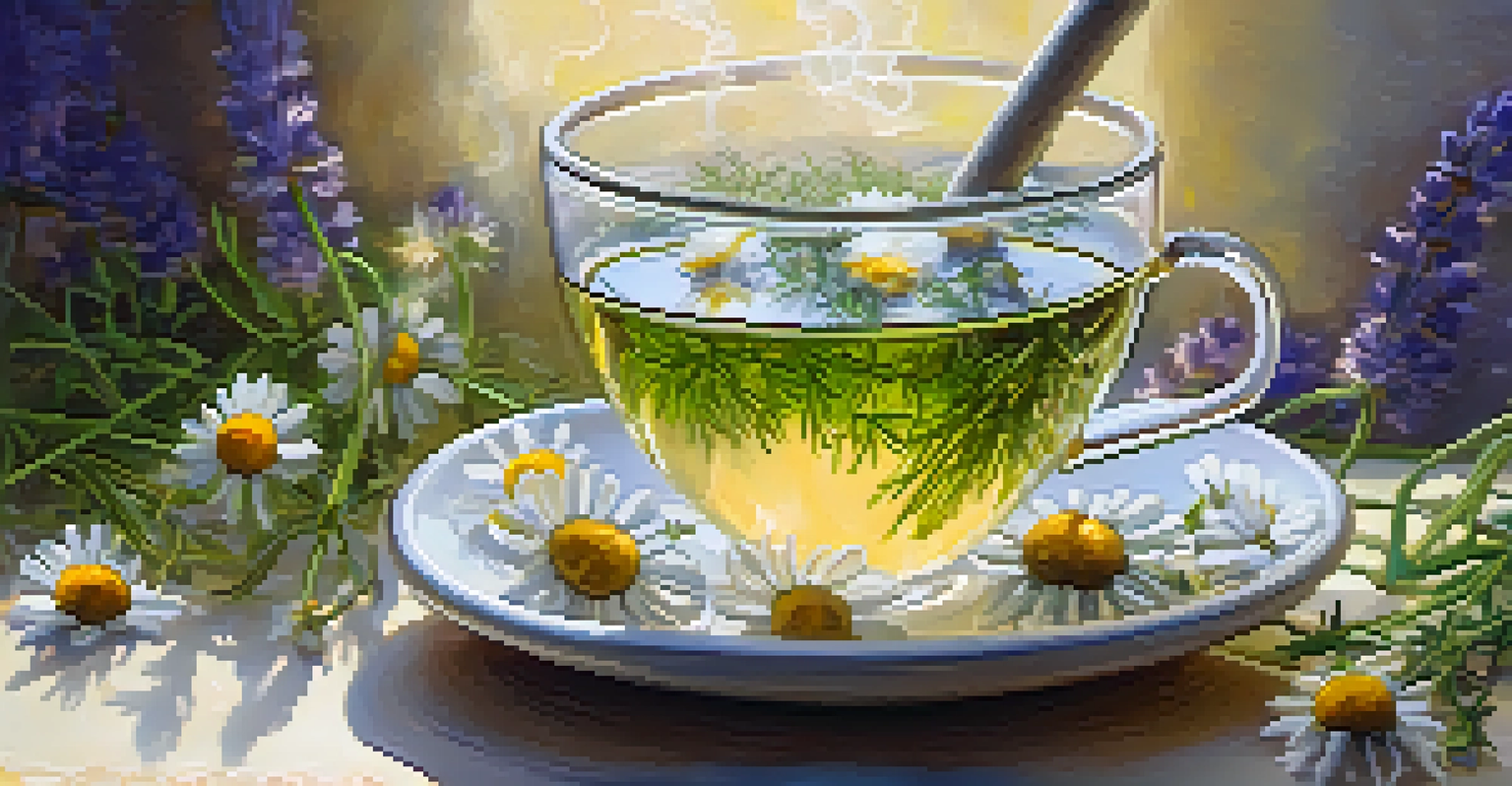 A close-up of calming herbal tea with chamomile flowers and herbs.