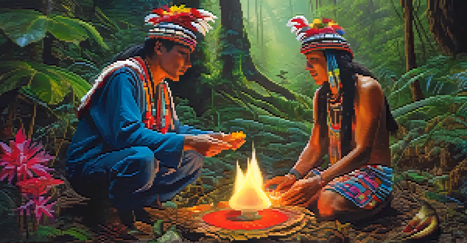 A Mazatec shaman in vibrant attire guides a participant through a psilocybin ceremony in a mystical forest setting.