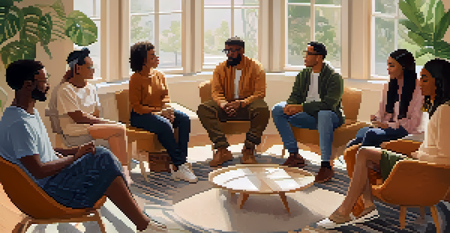 A diverse group of individuals sitting in a circle in a cozy room, discussing mental health and wellness, surrounded by plants.