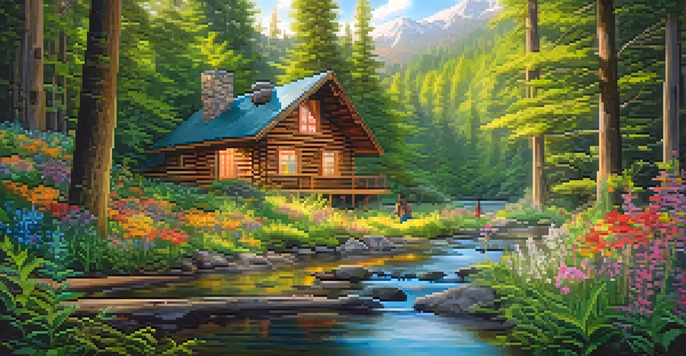 A peaceful forest scene with a wooden cabin and participants meditating near a stream, surrounded by vibrant flowers.