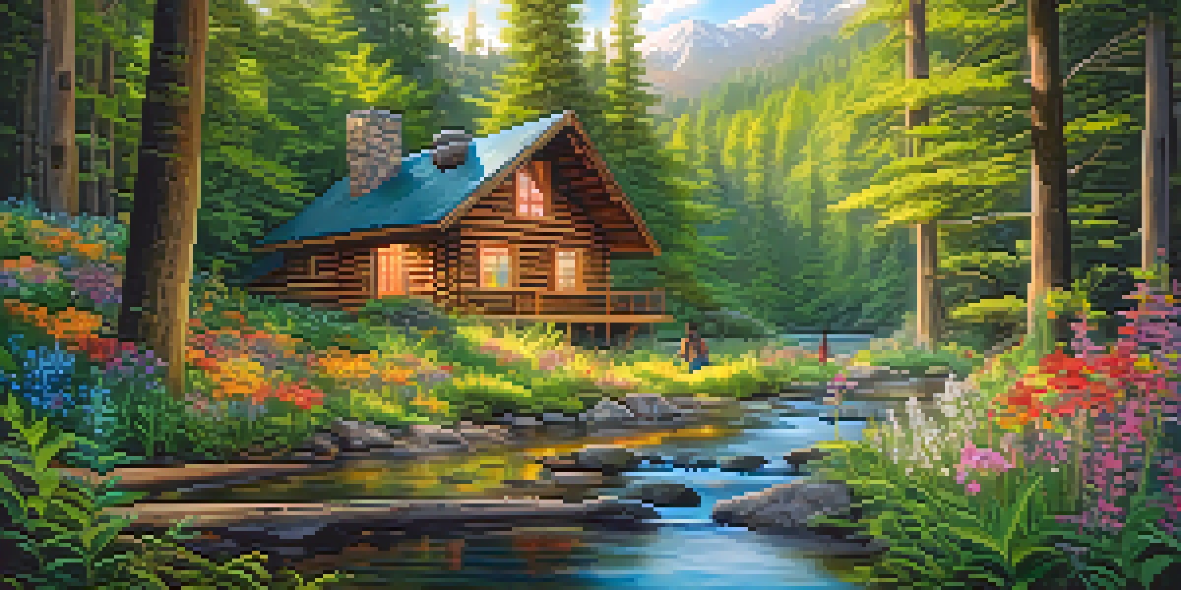 A peaceful forest scene with a wooden cabin and participants meditating near a stream, surrounded by vibrant flowers.