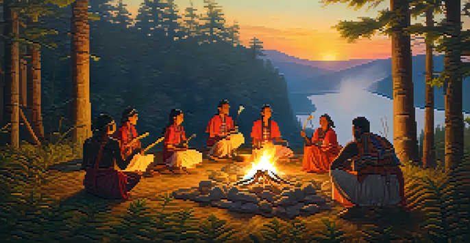 A peaceful Indigenous healing ceremony in a forest, with participants in traditional clothing gathered around a fire, illuminated by the warm glow of sunset.