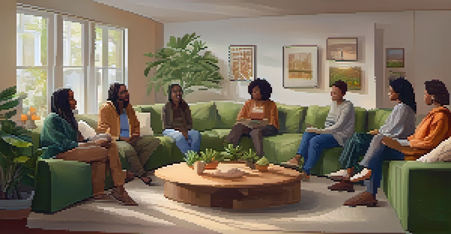 A cozy indoor peer support group meeting with individuals in a circle, sharing experiences in a warmly lit room filled with plants and cushions.