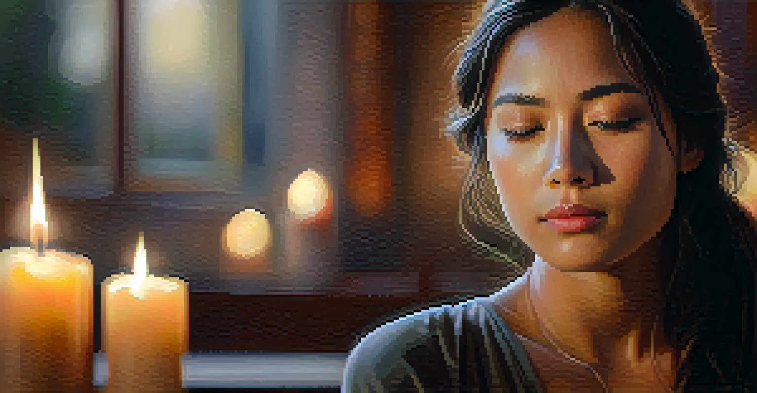 A person meditating with closed eyes, showing a peaceful expression in a warm, softly lit environment, representing emotional safety.