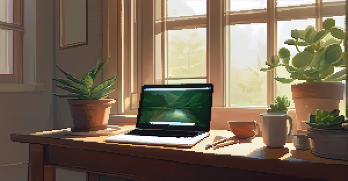 A peaceful workspace with a wooden desk, laptop, succulent, and herbal tea, illuminated by soft morning light.