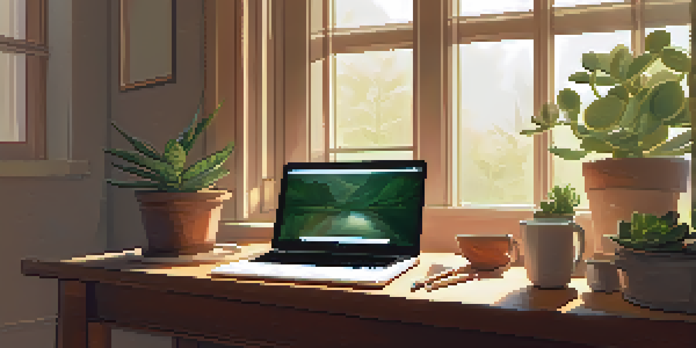 A peaceful workspace with a wooden desk, laptop, succulent, and herbal tea, illuminated by soft morning light.