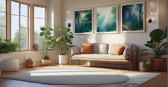 A tranquil therapy room with soft lighting, a comfortable couch, and calming artwork, surrounded by plants.