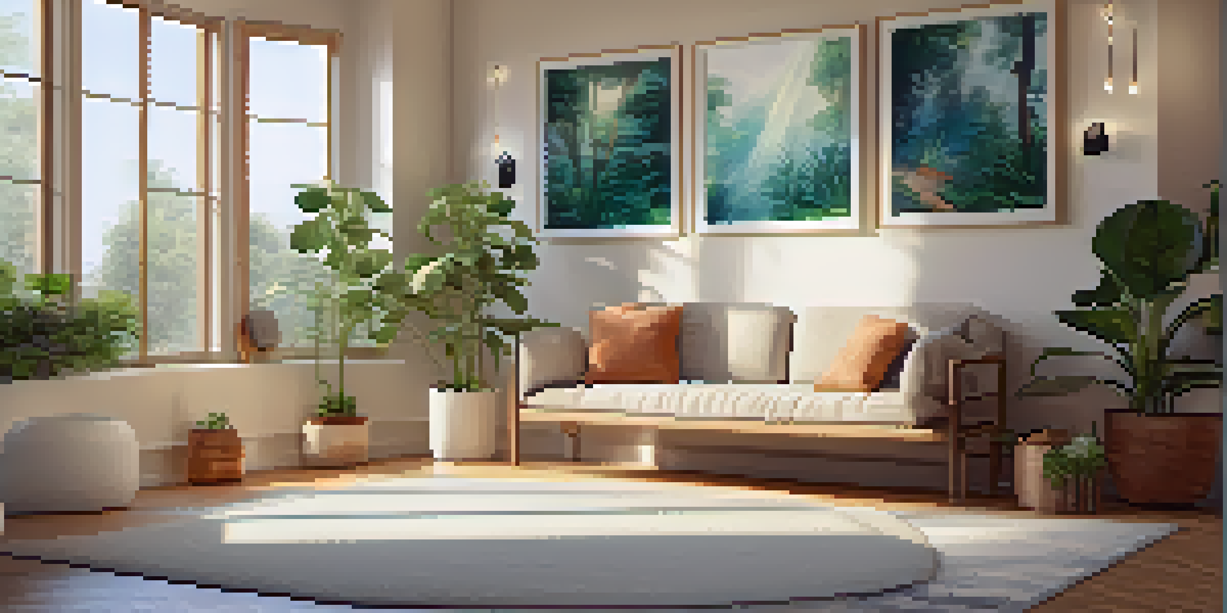 A tranquil therapy room with soft lighting, a comfortable couch, and calming artwork, surrounded by plants.