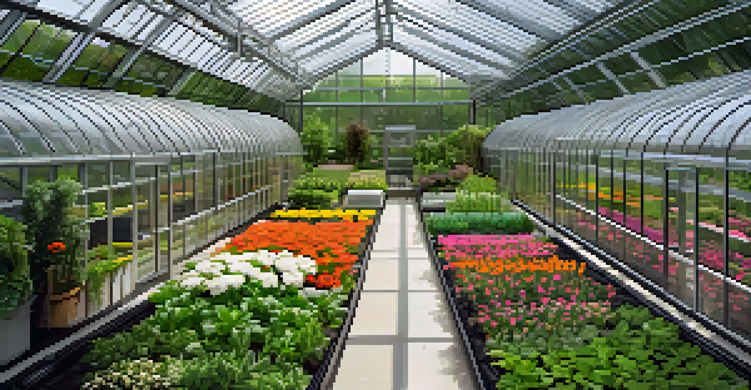 An overhead view of a sustainable greenhouse filled with healthy plants and organic farming tools, surrounded by greenery.