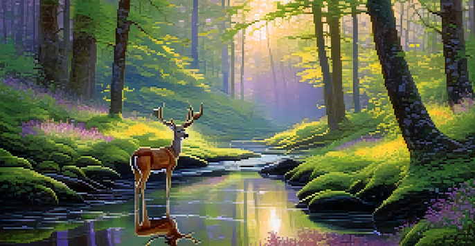 A tranquil forest at dawn with sunlight filtering through leaves, a stream, and a deer by the water.