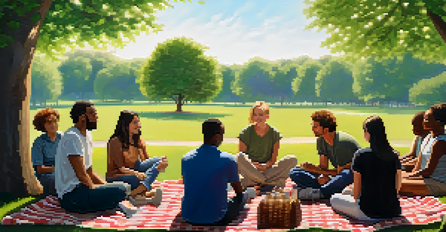 A group of people in a supportive outdoor therapy session, sitting in a circle on blankets in a park.