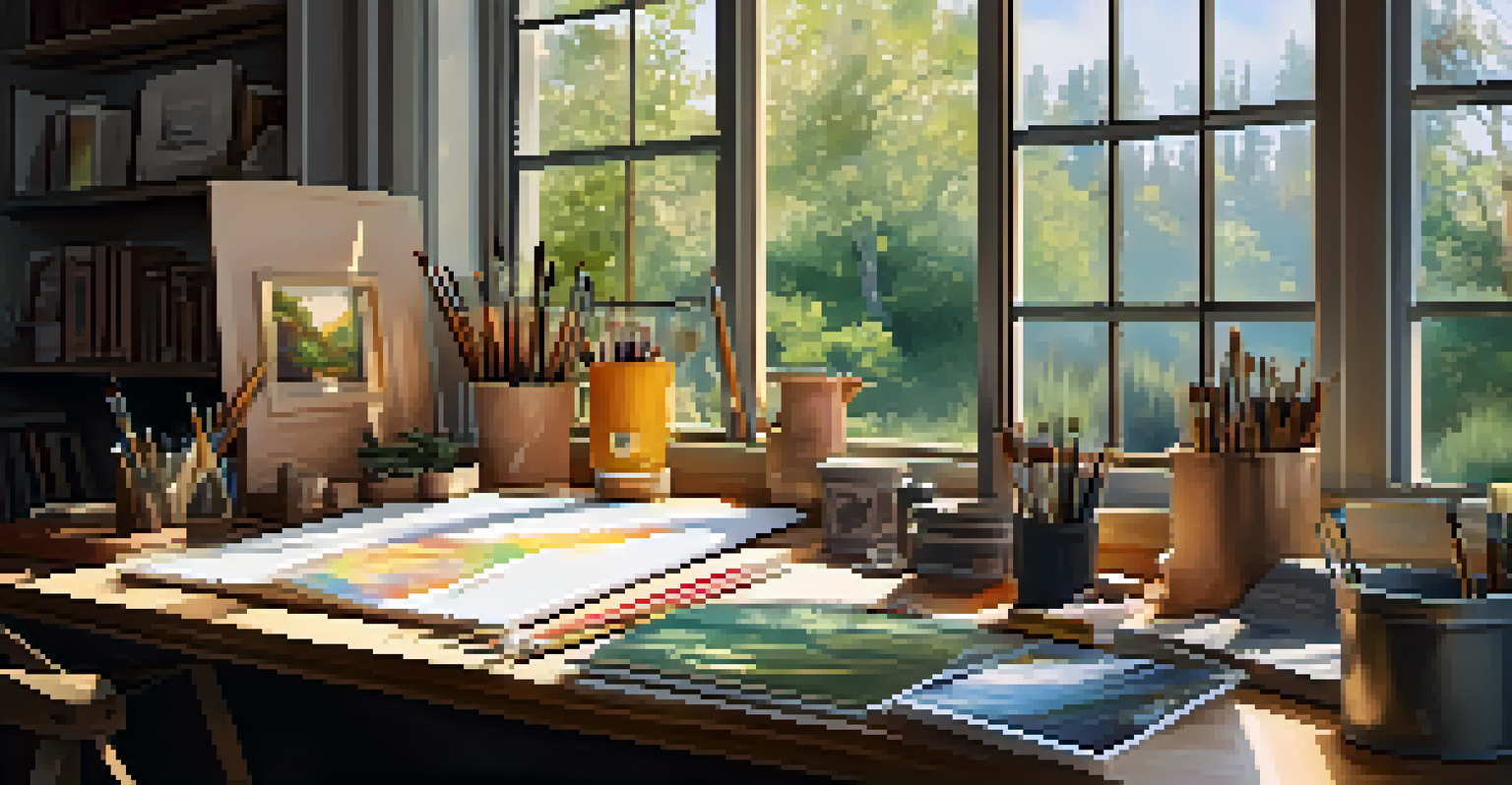 An inviting workspace with vibrant paints and sketchbooks, illuminated by warm lighting and featuring a window with a view of nature.