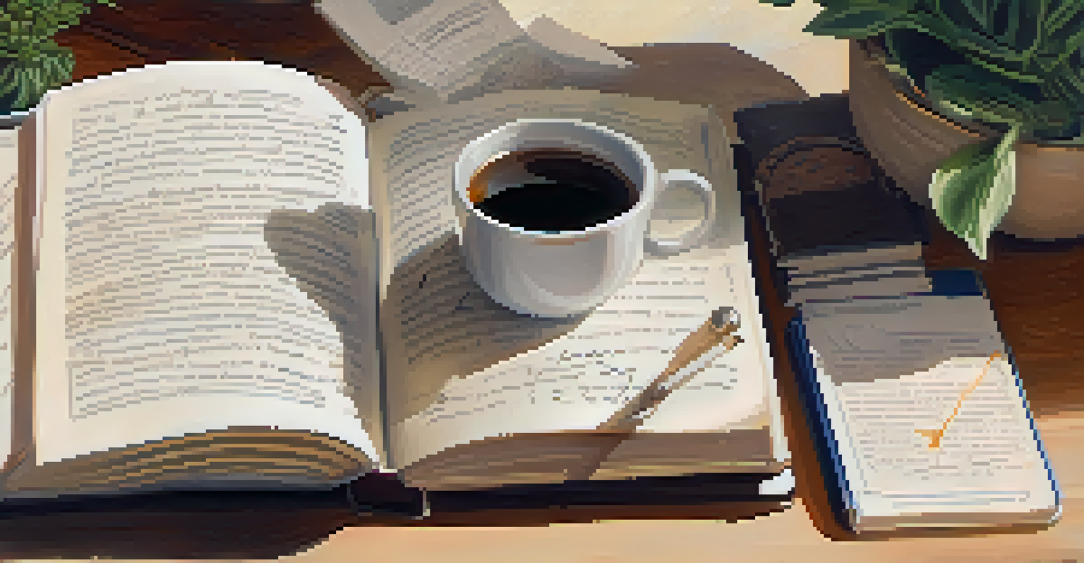 A hand holding an open journal with notes, set in a cozy study with tea and a plant.