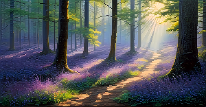 A peaceful forest scene at dawn, with sunlight filtering through trees and vibrant wildflowers blooming.