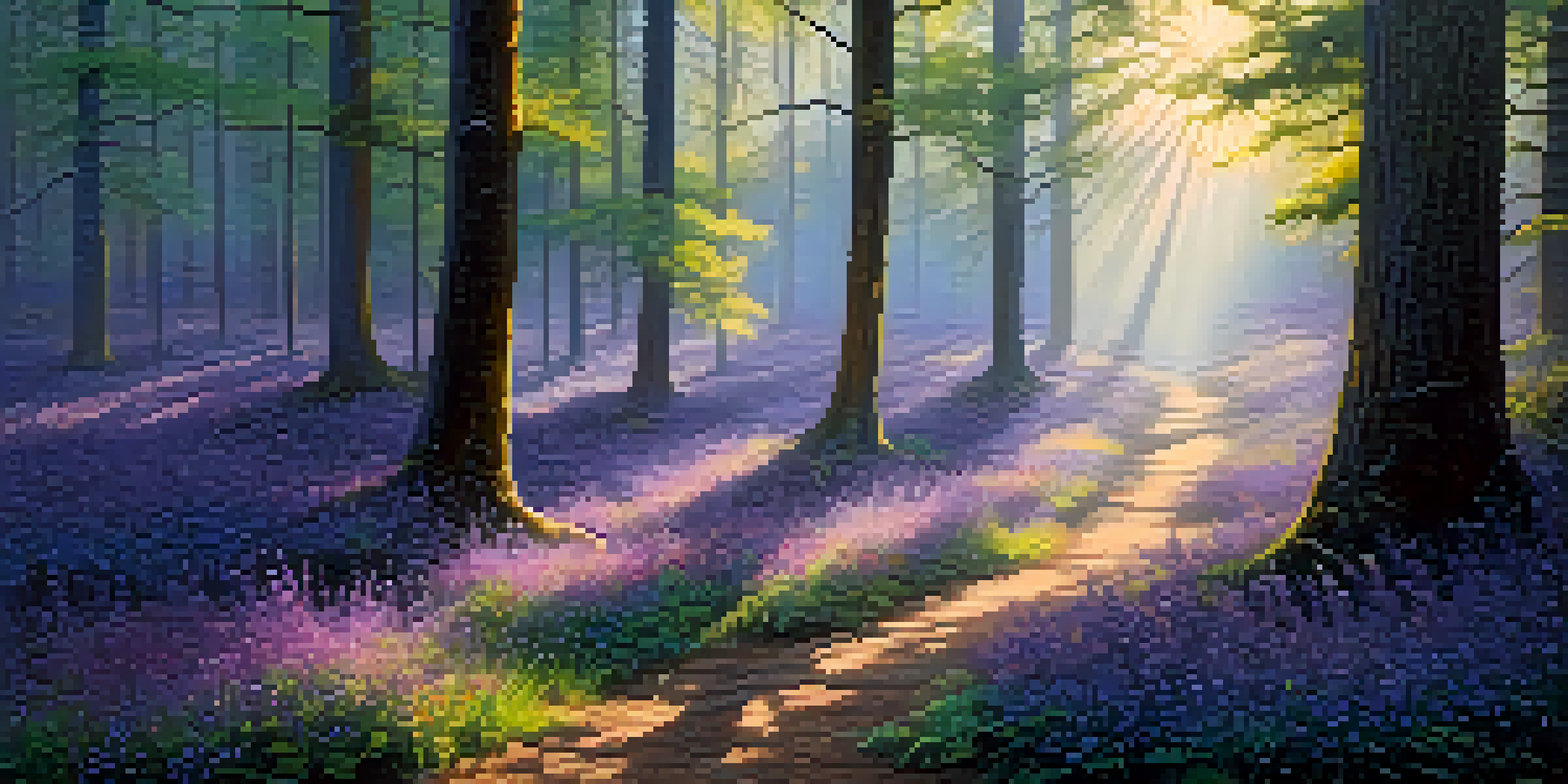 A peaceful forest scene at dawn, with sunlight filtering through trees and vibrant wildflowers blooming.