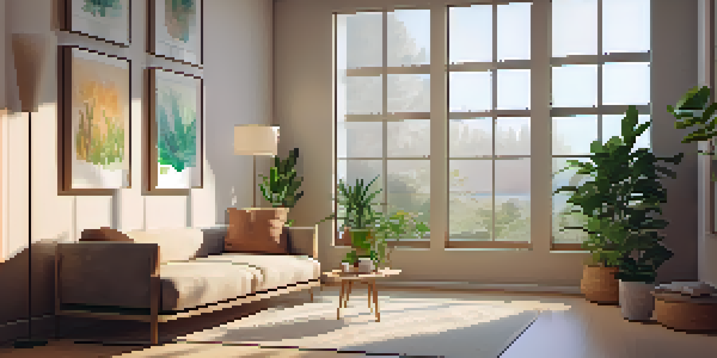 A peaceful therapy room with soft lighting, a comfortable couch, calming artwork, and plants, designed for a therapeutic experience.
