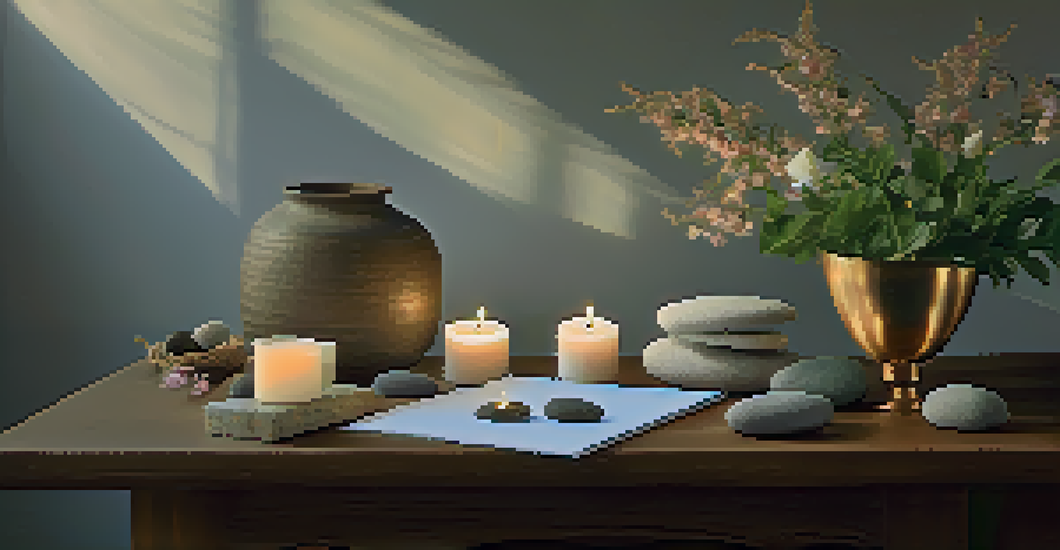A close-up of a tranquil table with natural elements, creating a safe space for reflection.