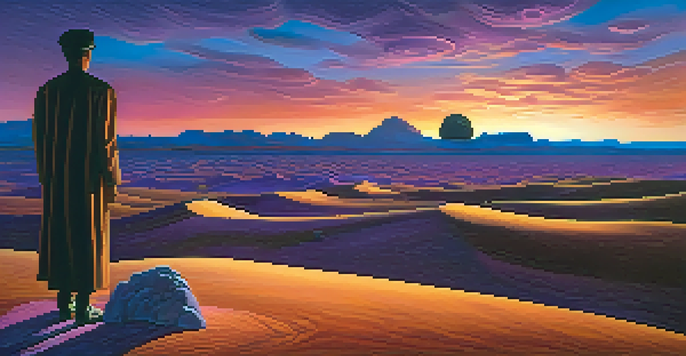 A surreal desert landscape at twilight with a figure observing a shimmering hourglass.