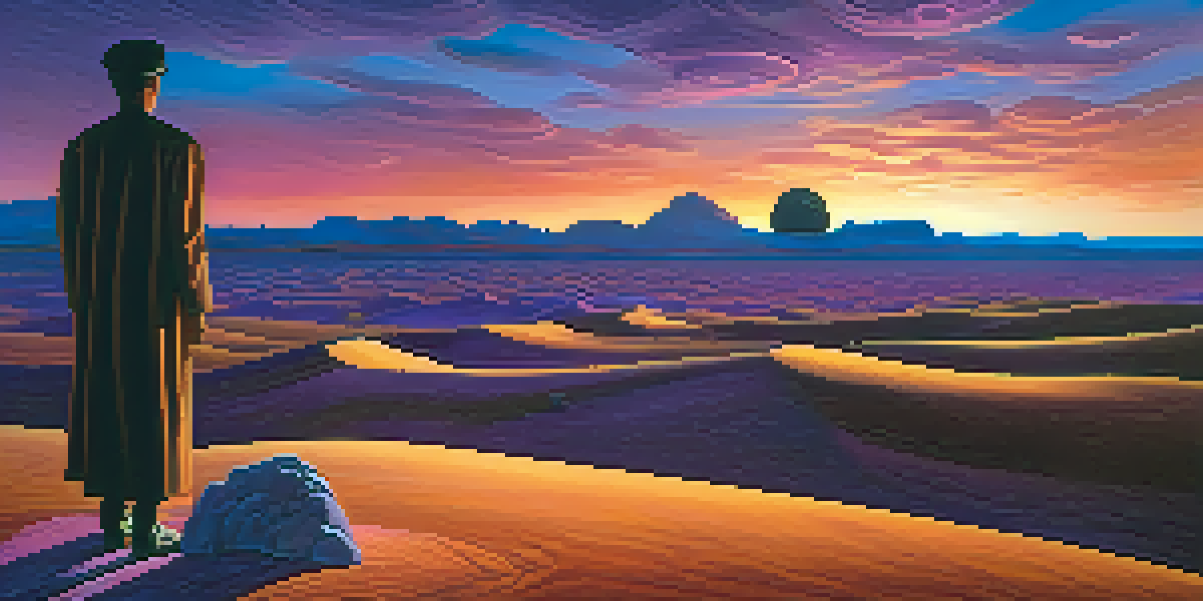 A surreal desert landscape at twilight with a figure observing a shimmering hourglass.