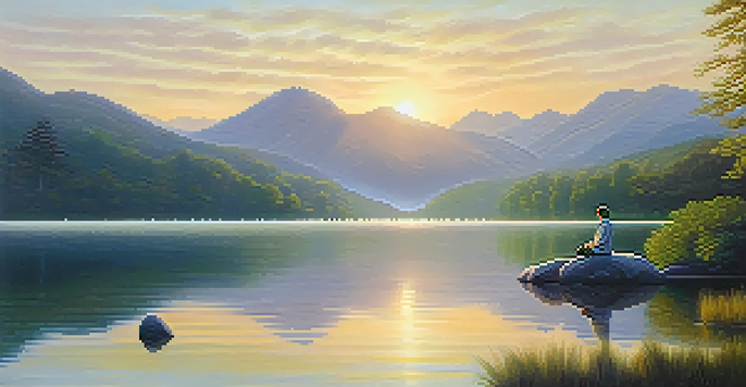 A peaceful meditation scene at sunrise by a calm lake, with a figure sitting cross-legged on a rock surrounded by nature.