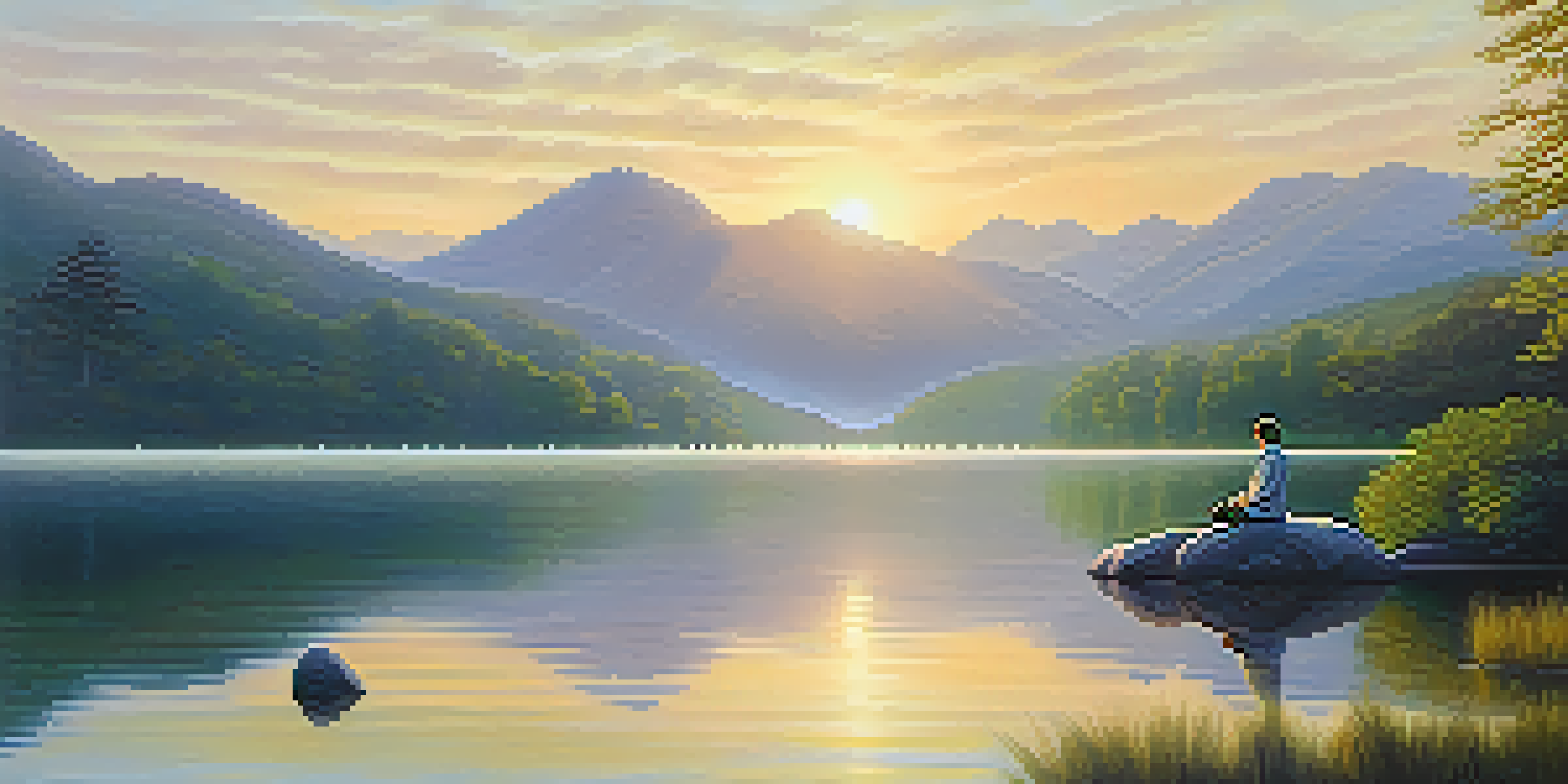 A peaceful meditation scene at sunrise by a calm lake, with a figure sitting cross-legged on a rock surrounded by nature.