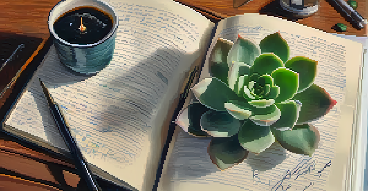 A close-up of a journal page with handwritten notes and sketches, a fountain pen, and a small succulent plant under soft natural lighting.