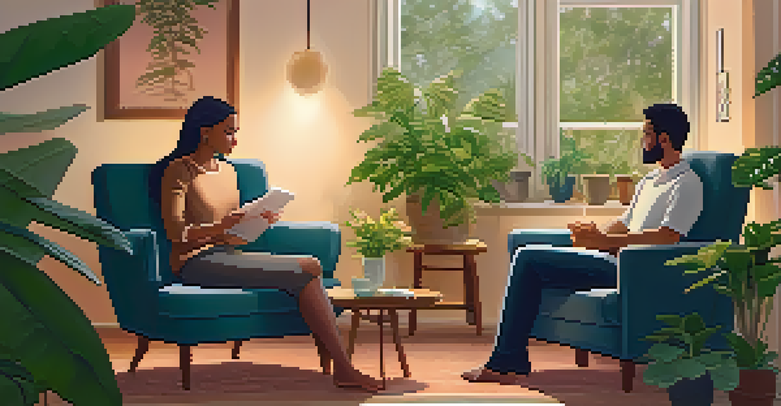 A cozy therapy session with a therapist guiding a client in a warm and supportive environment.