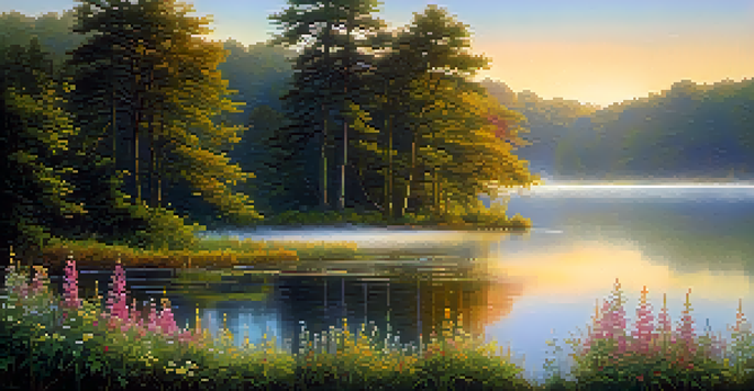 A peaceful sunrise over a lake, with mist rising and colorful wildflowers in the foreground.