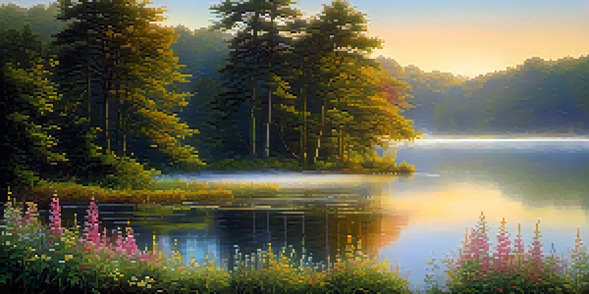 A peaceful sunrise over a lake, with mist rising and colorful wildflowers in the foreground.