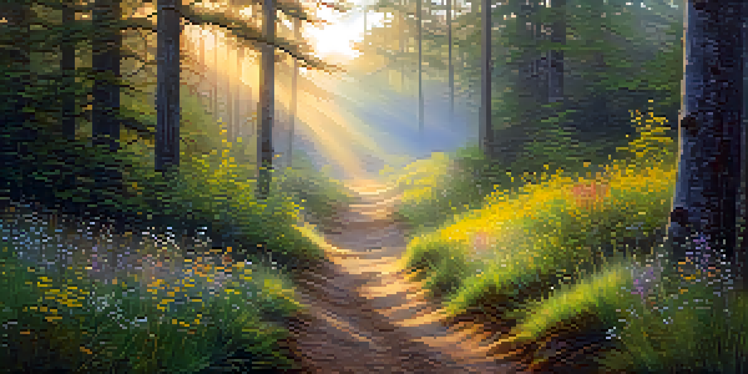 A tranquil forest scene at sunrise, with sunlight filtering through trees and colorful wildflowers in a clearing.