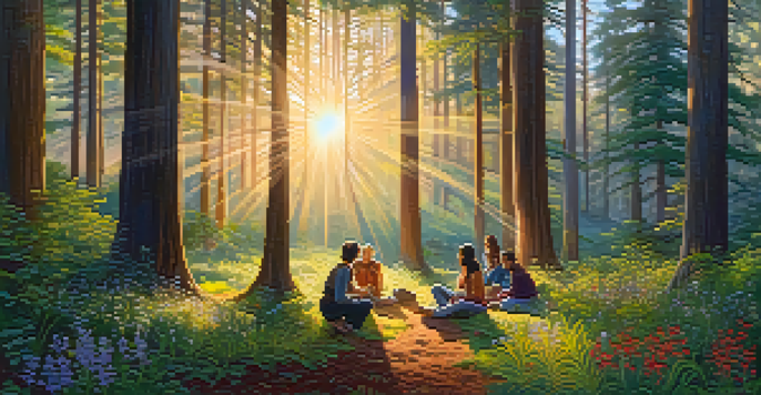 A peaceful forest scene at dawn with sunlight filtering through trees, where a diverse group of individuals is engaged in discussion.