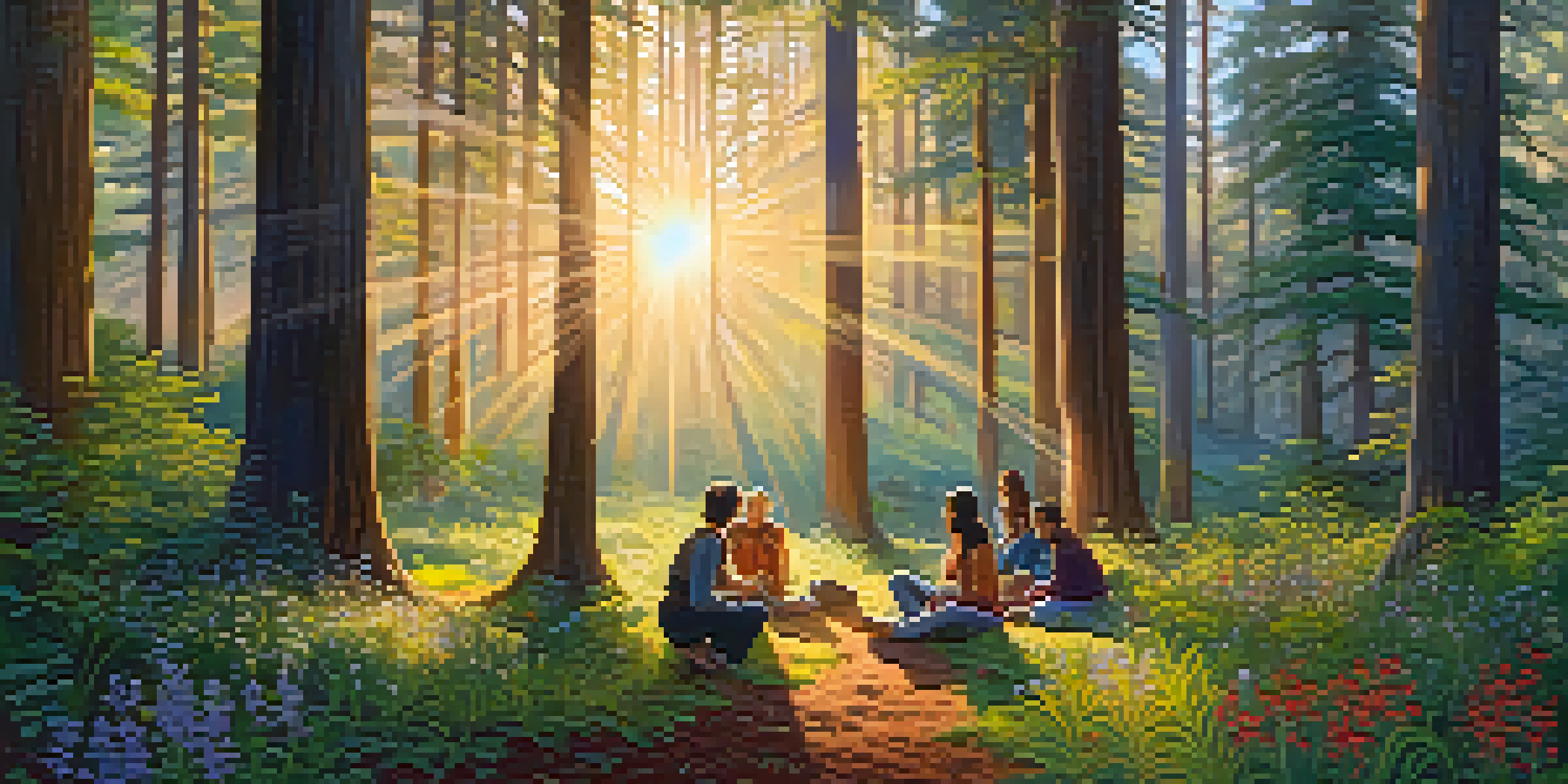 A peaceful forest scene at dawn with sunlight filtering through trees, where a diverse group of individuals is engaged in discussion.