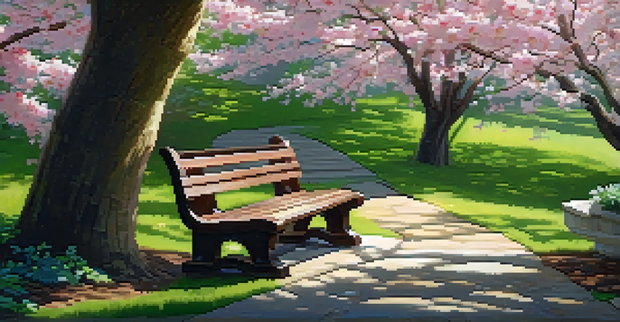 A peaceful garden with colorful flowers, a stone pathway, a wooden bench, and cherry blossom tree petals falling.