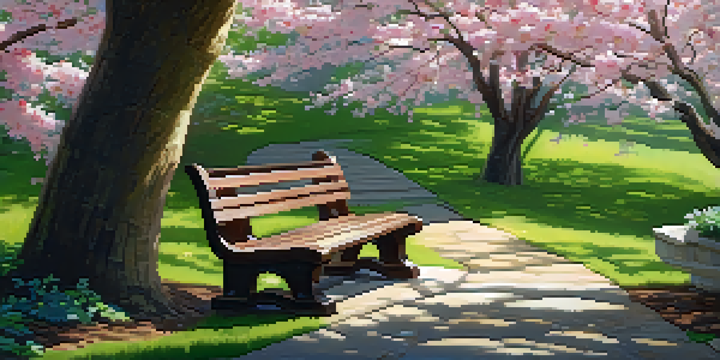 A peaceful garden with colorful flowers, a stone pathway, a wooden bench, and cherry blossom tree petals falling.