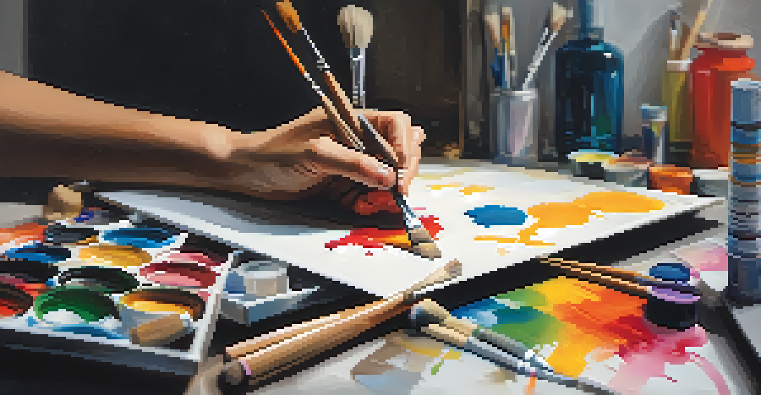 A close-up of a hand holding a paintbrush above a blank canvas in an artist's studio filled with vibrant paint tubes.