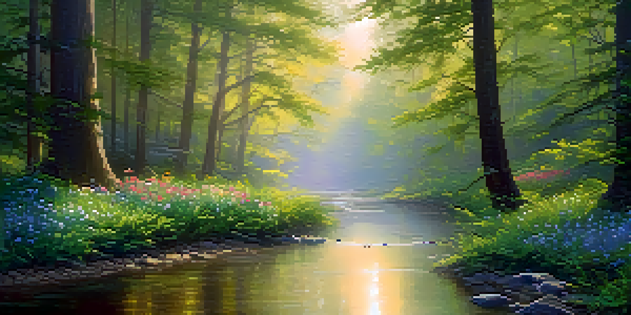 A tranquil forest scene with mist, tall trees, colorful wildflowers, and a gentle stream reflecting sunlight.