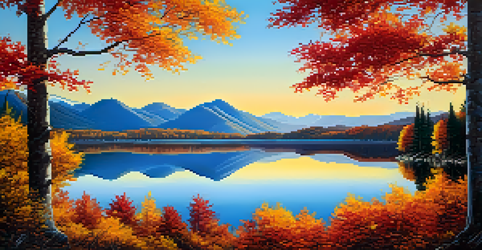 A picturesque mountain landscape in autumn with colorful trees and a reflective lake, under a clear blue sky.