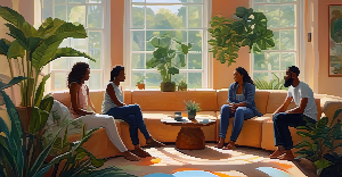 A peaceful group therapy environment with diverse participants sitting in a circle, engaging in emotional sharing under warm lighting.